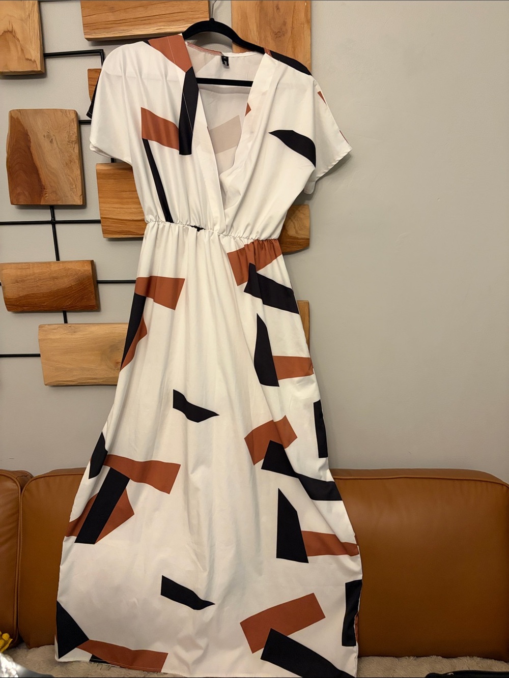 Zaful White Maxi Dress with Black & Brown Abstract Blocks